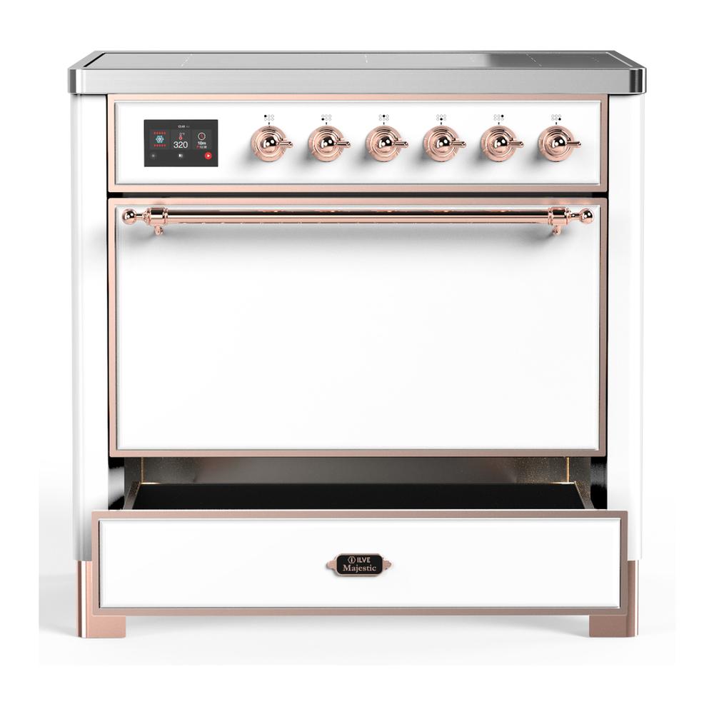 ILVE UMIB36QNR3WHP Majestic III 36 inch Induction Range with 6 Elements, 3.5 cu. ft. Total Oven Capacity (Solid Door, White, Copper)