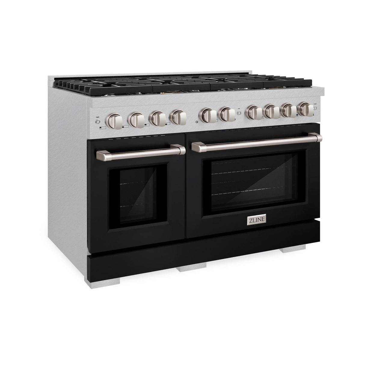 ZLINE 48 in. 6.7 cu. ft. 8 Burner Double Oven Gas Range in DuraSnow' Stainless Steel with Black Matte Doors (SGRS-BLM-48)