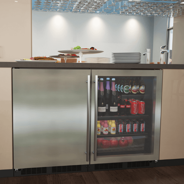 24-In Low Profile Built-In Beverage Center With Convertible Shelf And Maxstore Bin with Door Style - Stainless Steel Frame Glass