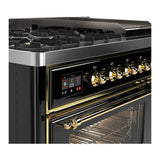 ILVE UM48FNR3BKG Majestic III 48 inch Dual Fuel Range with 8 Burners and Griddle, Dual Function Burner up to 25,000 BTU (Natural Gas, Triple Glass Door, Glossy Black, Brass)