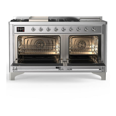 ILVE UM60FSQNR3SSC Majestic III 60 inch Dual Fuel Range with 7 Burners, Griddle and French Top, Dual Function Burner with up to 25,000 BTU (Natural Gas, Solid Door, Stainless Steel, Chrome)