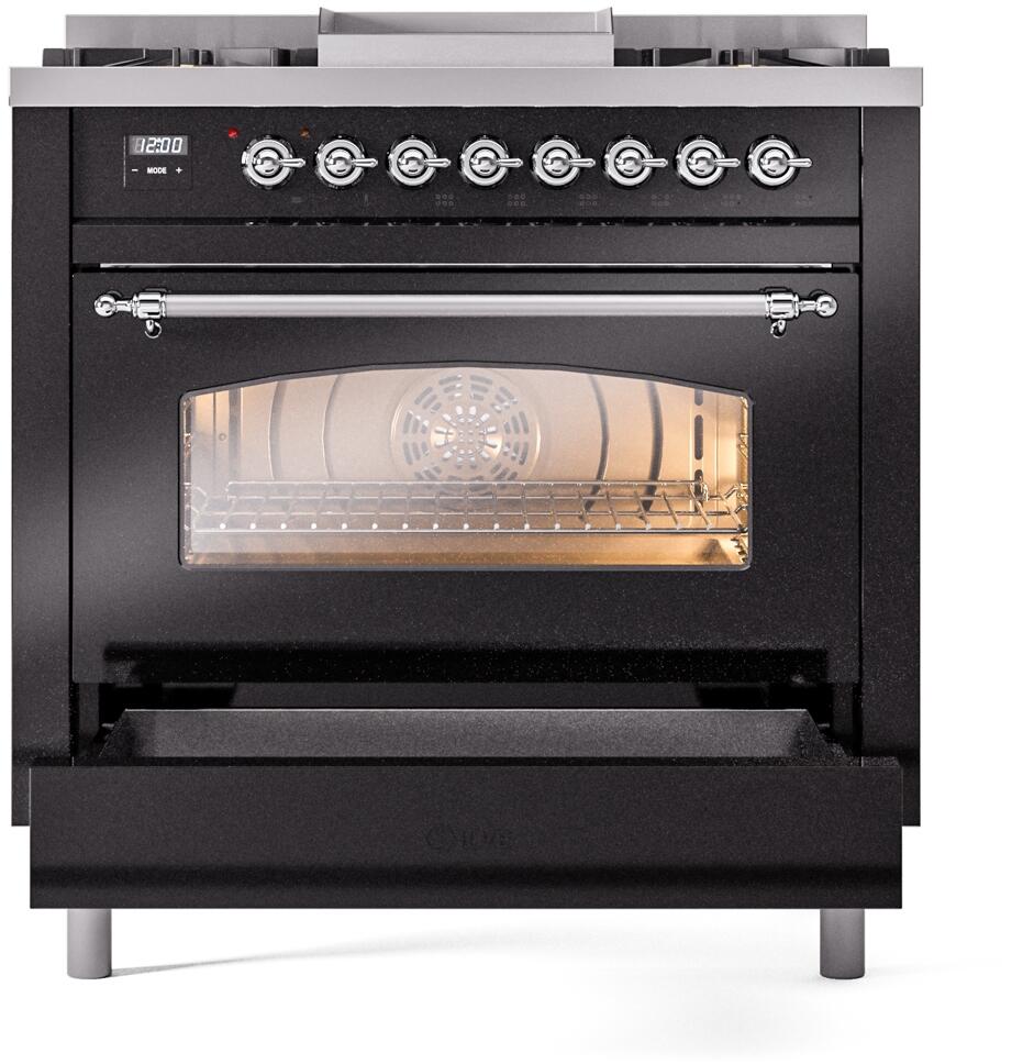 Nostalgie II 36 Inch Dual Fuel Liquid Propane Freestanding Range in Glossy Black with Chrome Trim