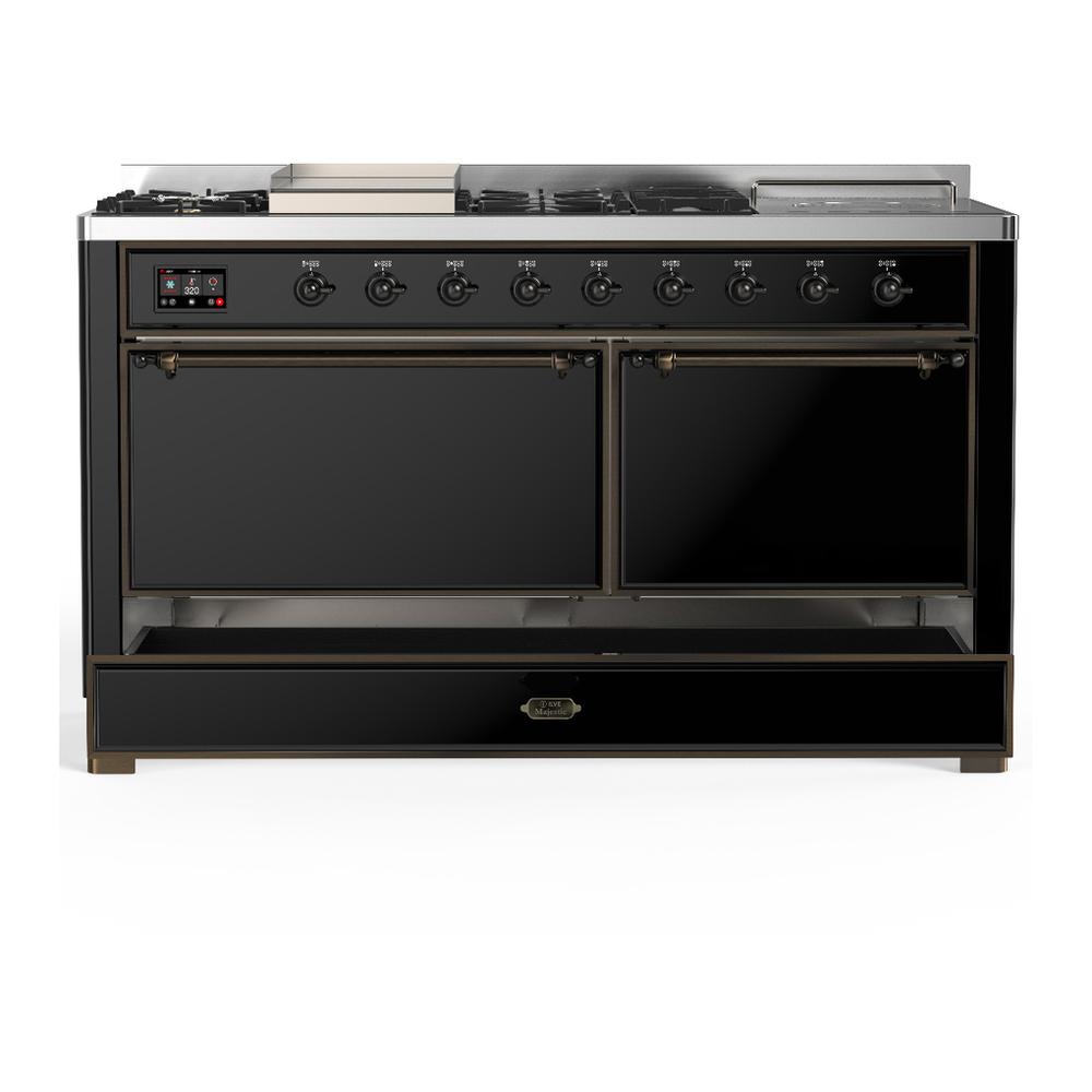 ILVE UM60FSQNR3BKBLP Majestic III 60 inch Dual Fuel Range with 7 Burners, Griddle and French Top, Dual Function Burner with up to 25,000 BTU (Liquid Propane, Solid Door, Glossy Black, Burnished)