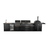 Forno All Aperto 99,600 BTU Outdoor Kitchen, 5 Burners, Infrared Burners, Side Burner, Black Sintered Stone Countertops, Gas Pizza Oven, Sink Module, Bar & Beverage Center