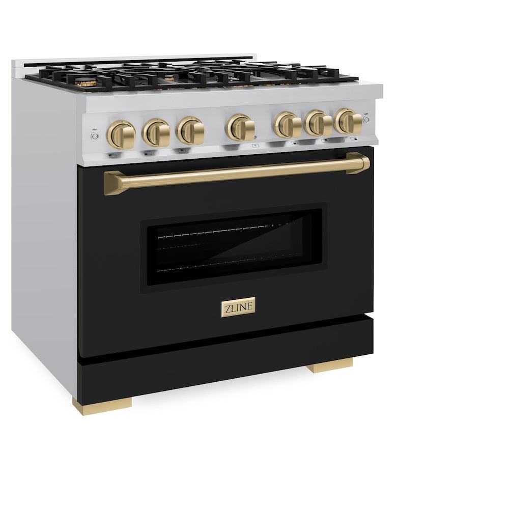 ZLINE Autograph Edition 36 in. 5.2 cu. ft. Classic Gas Range with 6 Burner Cooktop and Convection Gas Oven in Stainless Steel with Black Matte Door and Champagne Bronze Accents (CGRZ-BLM-36-CB)
