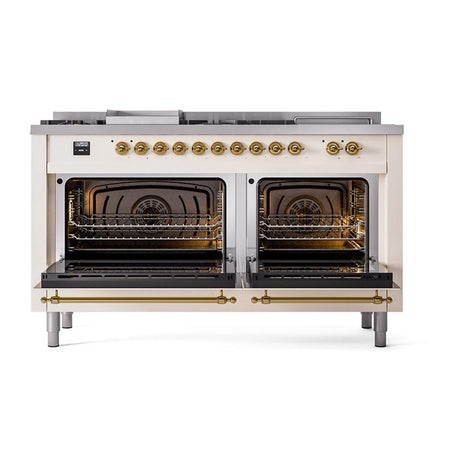 ILVE UN60FSQNMPAWGLP Nostalgie II Noblesse 60 inch Dual Fuel Range (7 Sealed Burners + Griddle + French Top, Liquid Propane, Solid Door, Antique White, Brass)
