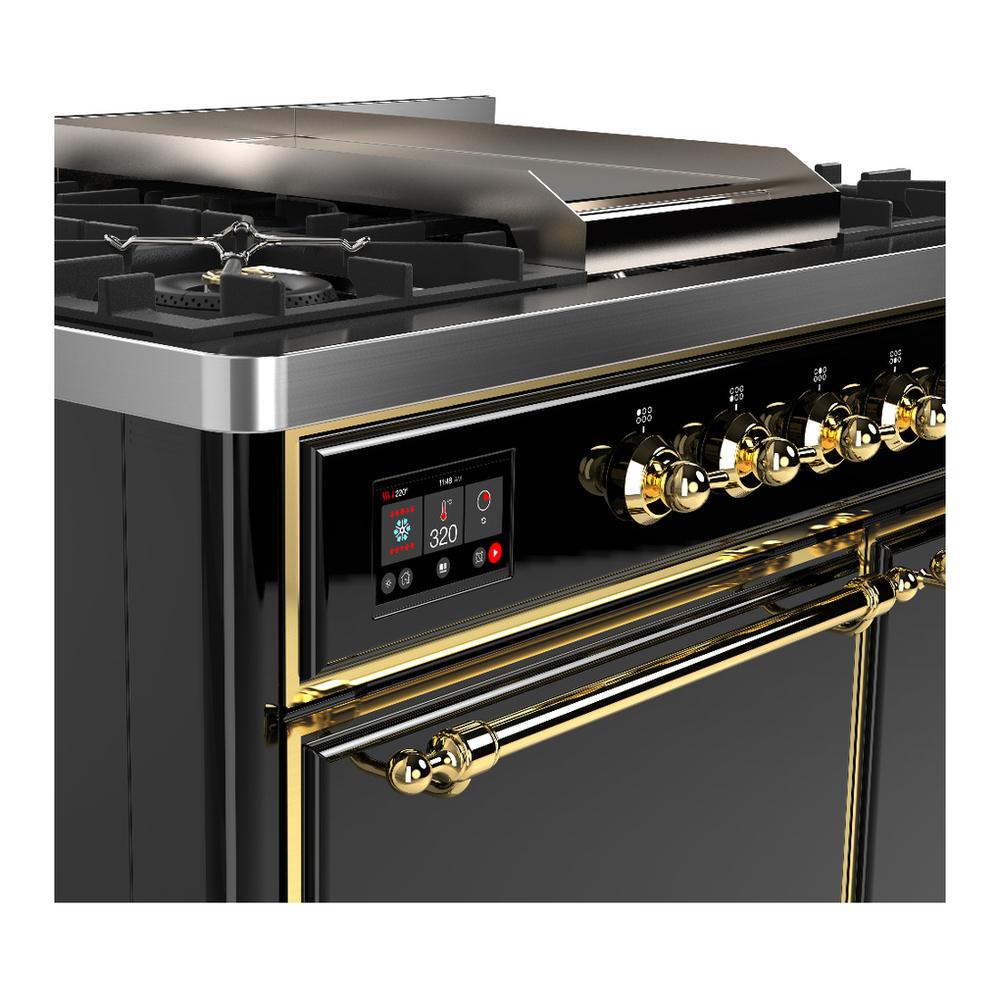 ILVE UMD40FQNR3BKGLP Majestic III 40 inch Dual Fuel Range with 6 Burners and Griddle, Dual Function Burner up to 25,000 BTU (Liquid Propane, Solid Door, Glossy Black, Brass)