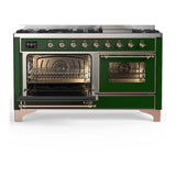 ILVE UM60FNR3EGPLP Majestic III 60 inch Dual Fuel Range with 9 Burners and Griddle, Dual Function Burner up to 25,000 BTU (Liquid Propane, Triple Glass Door, Emerald Green, Copper)