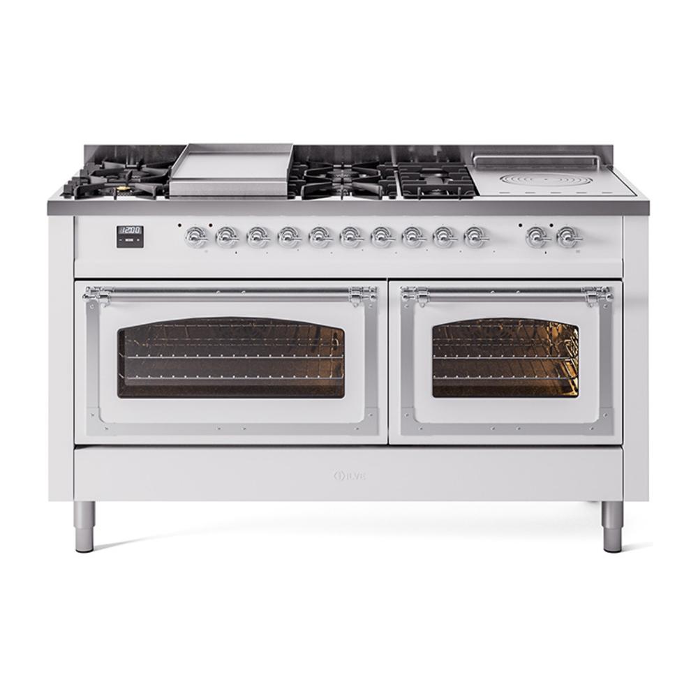 ILVE UN60FSNMPWHC Nostalgie II Noblesse 60 inch Dual Fuel Range (7 Sealed Burners + Griddle + French Top, Natural Gas, Triple Glass Door, White, Chrome)