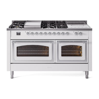 ILVE UN60FSNMPWHC Nostalgie II Noblesse 60 inch Dual Fuel Range (7 Sealed Burners + Griddle + French Top, Natural Gas, Triple Glass Door, White, Chrome)