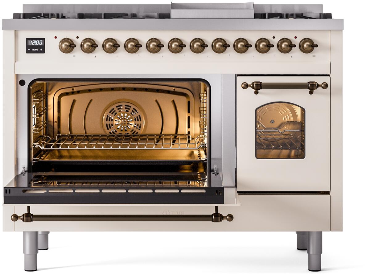 Nostalgie II 48 Inch Dual Fuel Liquid Propane Freestanding Range in Antique White with Bronze Trim