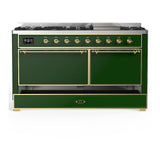 ILVE UM60FQNR3EGGLP Majestic III 60 inch Dual Fuel Range with 9 Burners and Griddle, Dual Function Burner up to 25,000 BTU (Liquid Propane, Solid Door, Emerald Green, Brass)