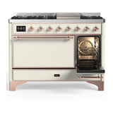 ILVE UM48FQNR3AWP Majestic III 48 inch Dual Fuel Range with 8 Burners and Griddle, Dual Function Burner up to 25,000 BTU (Natural Gas, Solid Door, Antique White, Copper)
