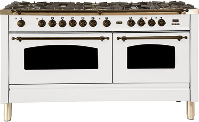 Nostalgie 60 Inch Dual Fuel Natural Gas Freestanding Range in White with Bronze Trim