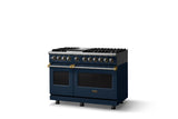48"W. Dual Fuel Range (Burner: 6g, Finish: Slate Blue, Trim: Brushed Brass, Fuel: Natural Gas)