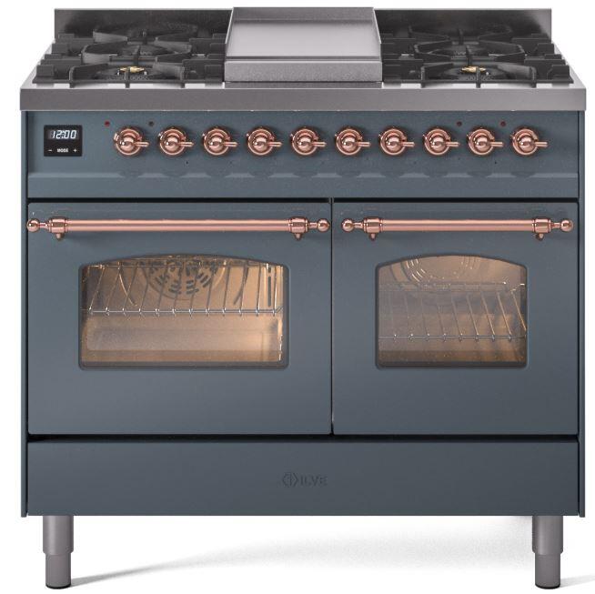 Nostalgie II 40 Inch Dual Fuel Liquid Propane Freestanding Range in Blue Grey with Copper Trim