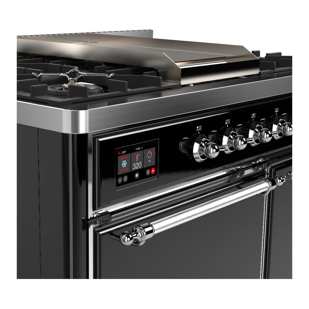 ILVE UMD40FQNR3BKCLP Majestic III 40 inch Dual Fuel Range with 6 Burners and Griddle, Dual Function Burner up to 25,000 BTU (Liquid Propane, Solid Door, Glossy Black, Chrome)