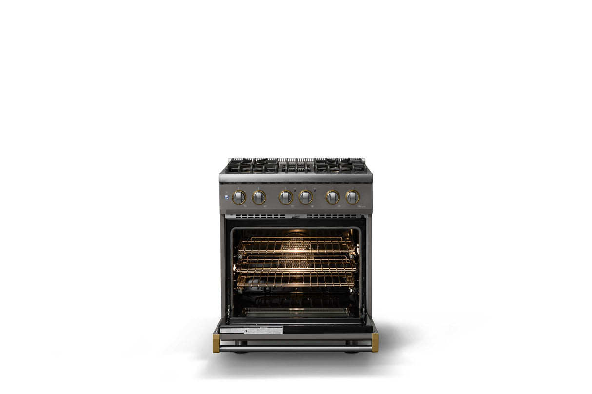 30"W. Dual Fuel Range (Finish: Damascus Gray, Trim: Brushed Brass, Fuel: Propane)