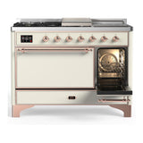 ILVE UM48FSQNR3AWPLP Majestic III 48 inch Dual Fuel Range with 5 Black Brass Burners, Griddle and French Top, Dual Function Burner up to 25,000 BTU (Liquid Propane, Solid Door, Antique White, Copper)