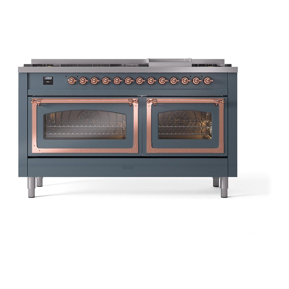 ILVE UN60FNMPBGPLP Nostalgie II Noblesse 60 inch Dual Fuel Range (9 Sealed Burners + Griddle, Liquid Propane, Triple Glass Door, Blue Grey, Copper)