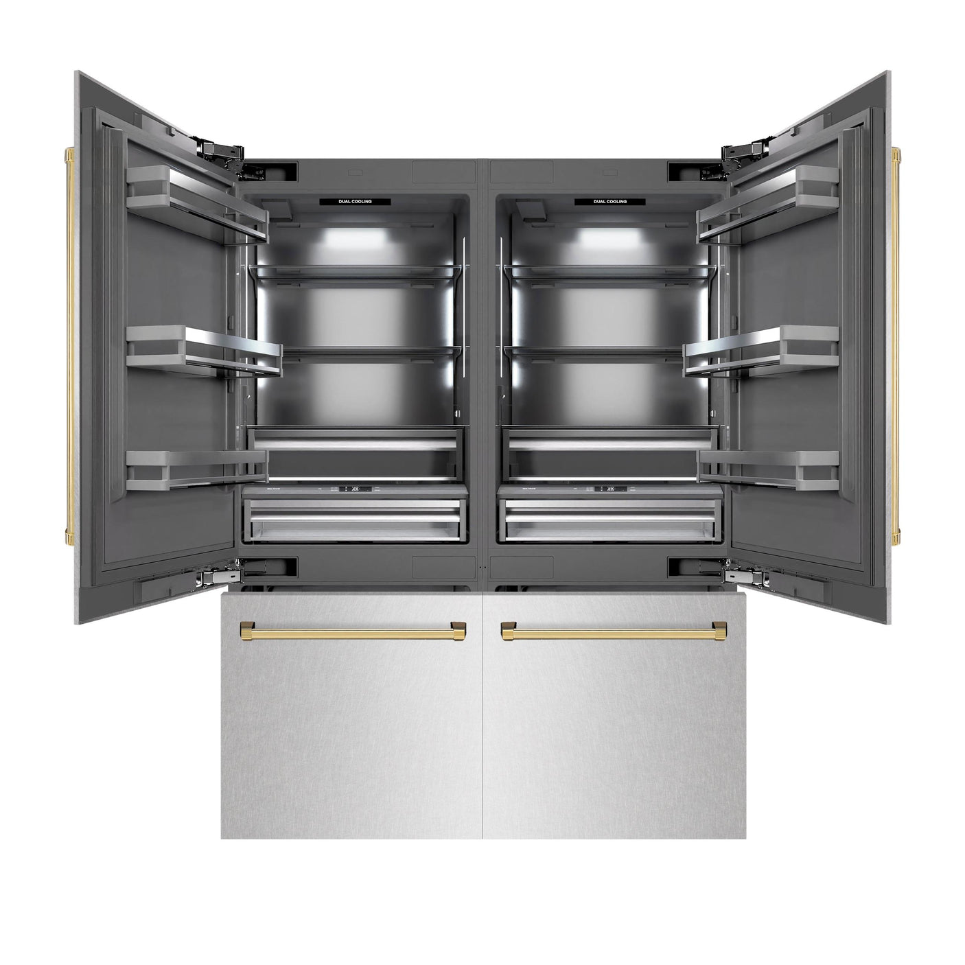 ZLINE Autograph Edition 60 in. 32.2 cu. ft. French Door Built-In Bottom Freezer Refrigerator with Water Dispenser and Ice Maker in DuraSnow' Stainless Steel with Graphite Gray Interior and Polished Gold Accents (GRBIVZ-SN-60-G)
