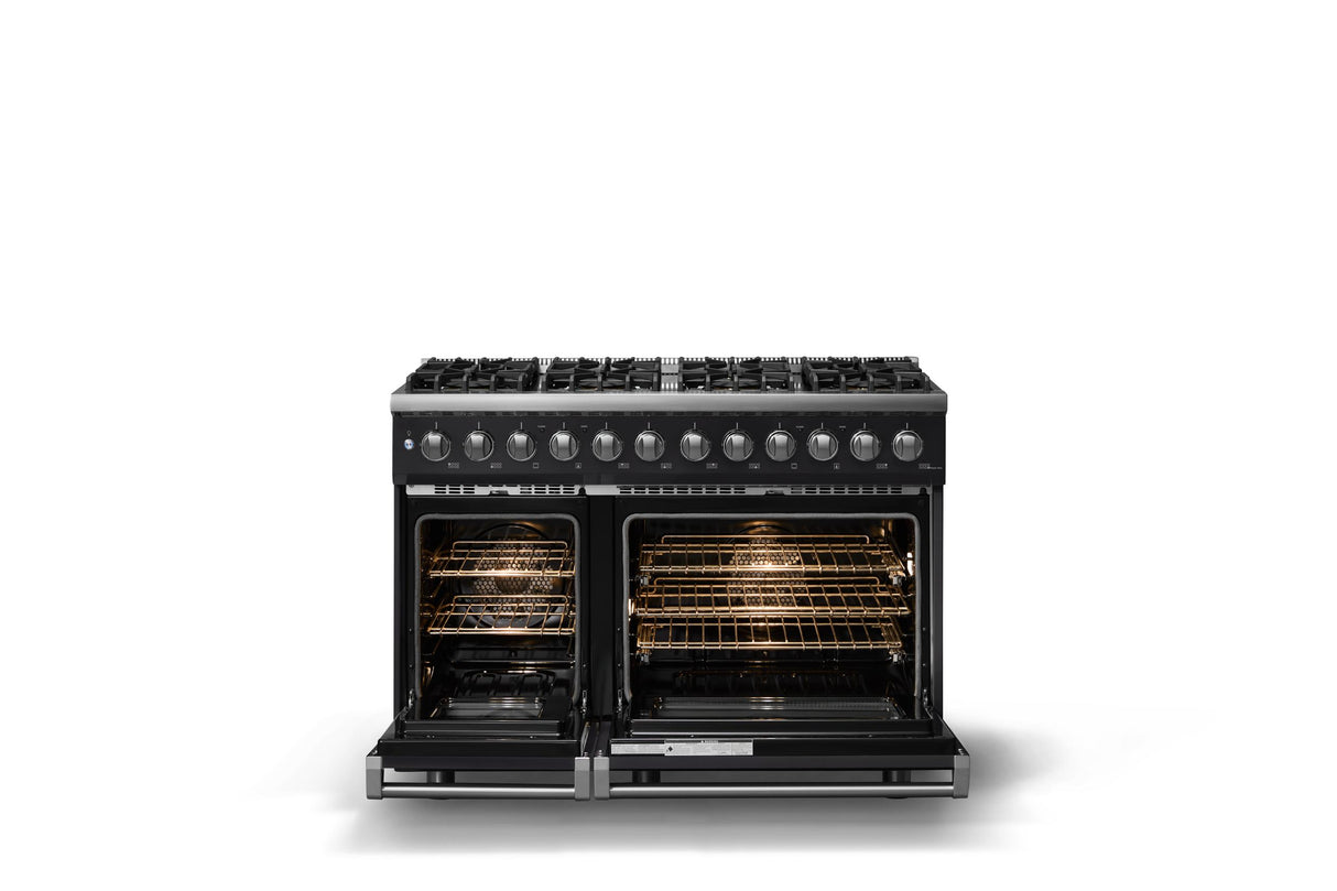 48"W. Dual Fuel Range (Burner: 8b, Finish: Onyx, Trim: Polished Chrome, Fuel: Natural Gas)