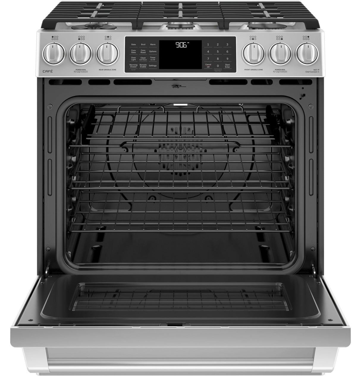 GE Cafe™ Series 30" Slide-In Front Control Range with Warming Drawer