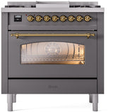 Nostalgie II 36 Inch Dual Fuel Liquid Propane Freestanding Range in Matte Graphite with Brass Trim