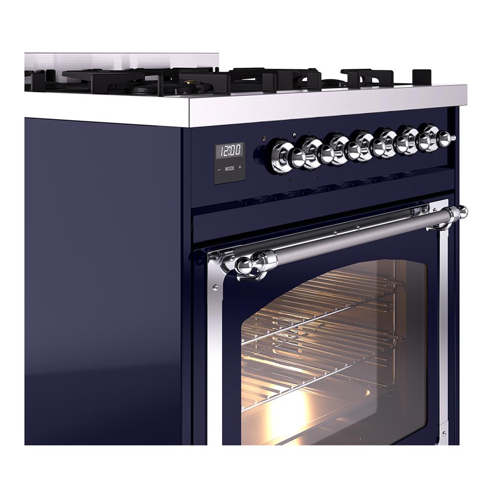 ILVE UN30NMPMBC Nostalgie II Noblesse 30 inch Dual Fuel Range (Natural Gas, Triple Glass Door, Midnight Blue, Chrome)
