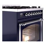 ILVE UN30NMPMBC Nostalgie II Noblesse 30 inch Dual Fuel Range (Natural Gas, Triple Glass Door, Midnight Blue, Chrome)