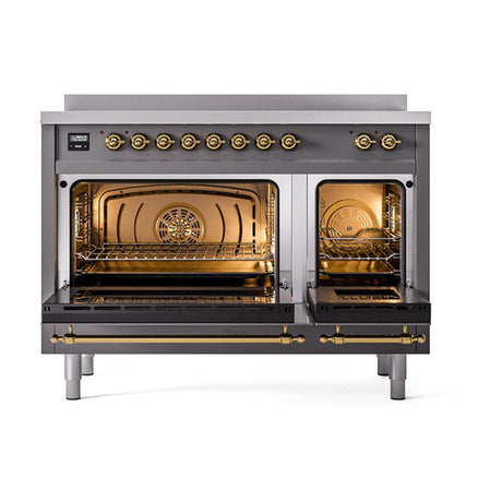 ILVE UNI486QNMPMGG Nostalgie II Noblesse 48 inch Induction Range (Solid Door, Graphite Matte, Brass)