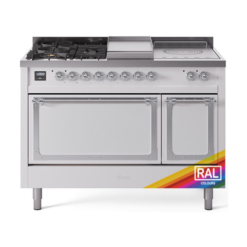 ILVE UN48FSQNMPRAC Nostalgie II Noblesse 48 inch Dual Fuel Range (5 Sealed Burners + Griddle + French Top, Natural Gas, Solid Door, RAL, Chrome)