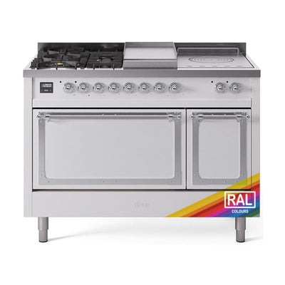 ILVE UN48FSQNMPRAC Nostalgie II Noblesse 48 inch Dual Fuel Range (5 Sealed Burners + Griddle + French Top, Natural Gas, Solid Door, RAL, Chrome)