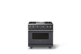 36"W. Sealed Burner Gas Range (Burner: 4g, Finish: Cast Black, Trim: Brushed Brass, Fuel: Natural Gas)