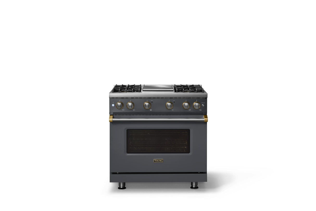 36"W. Sealed Burner Gas Range (Burner: 4g, Finish: Cast Black, Trim: Brushed Brass, Fuel: Propane)