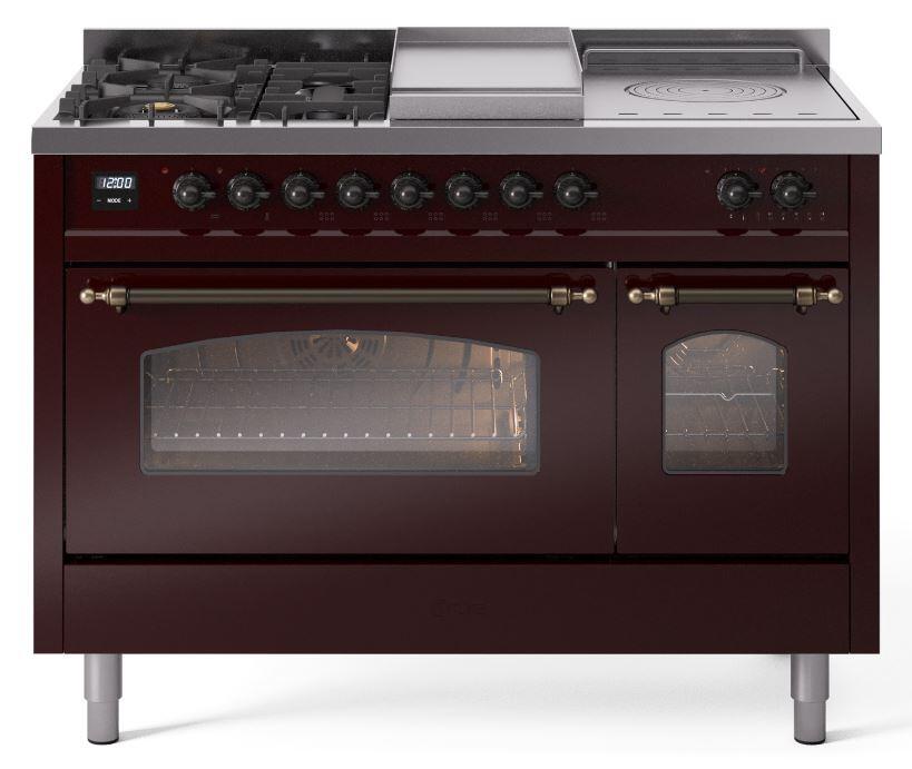 Nostalgie II 48 Inch Dual Fuel Liquid Propane Freestanding Range in Burgundy with Bronze Trim
