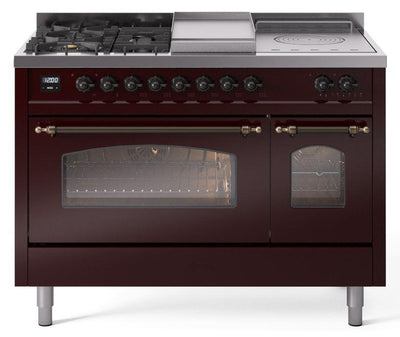 Nostalgie II 48 Inch Dual Fuel Liquid Propane Freestanding Range in Burgundy with Bronze Trim