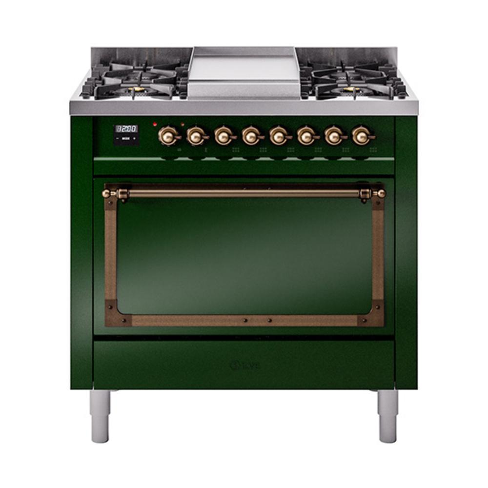 ILVE UN36FQNMPEGB Nostalgie II Noblesse 36 inch Dual Fuel Range (Natural Gas, Solid Door, Emerald Green, Burnished)
