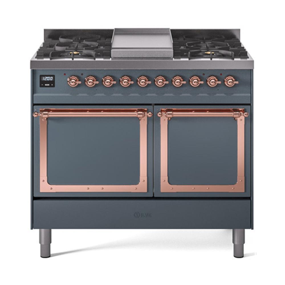 ILVE UND40FQNMPBGPLP Nostalgie II Noblesse 40 inch Dual Fuel Range (Liquid Propane, Solid Door, Blue Grey, Copper)