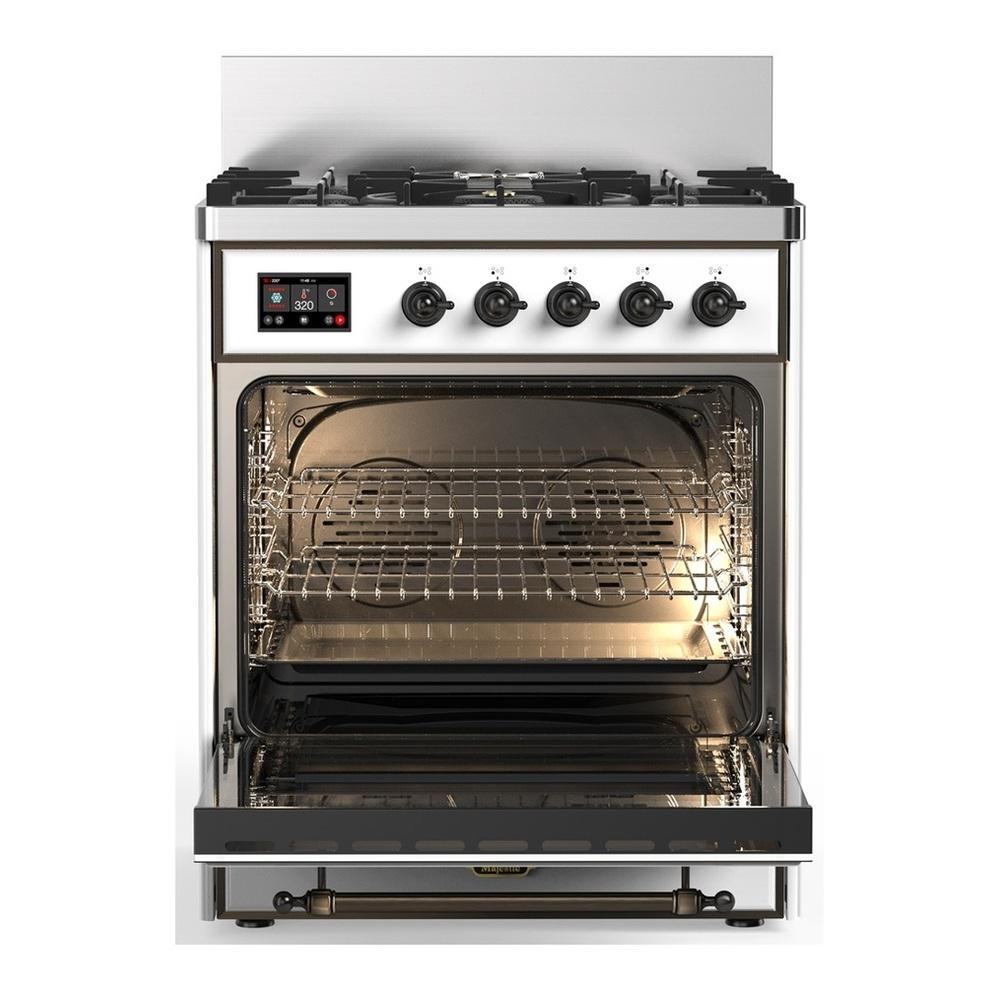 ILVE UM30QNR3WHB Majestic III 30 inch Dual Fuel Range with 5 Black Brass Burners, Dual Function Burner up to 25,000 BTU (Natural Gas, Solid Door, White, Burnished)