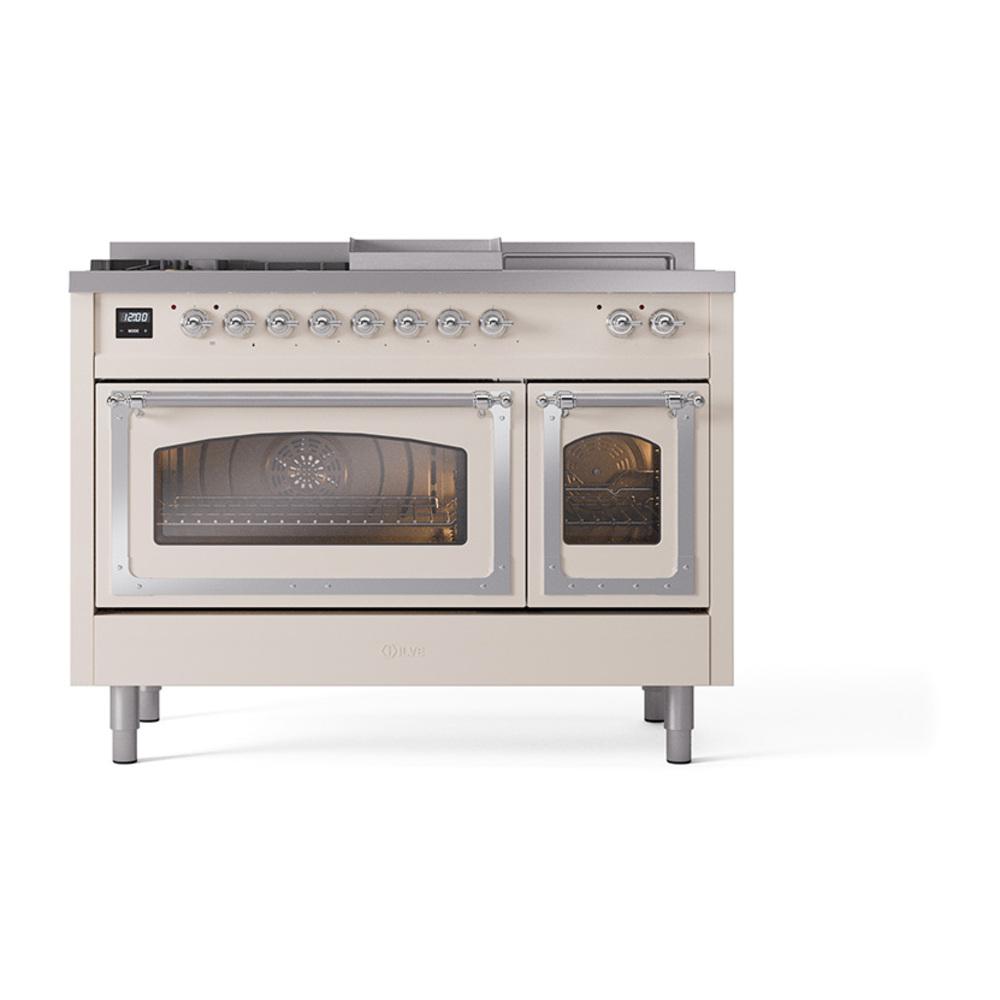 ILVE UN48FSNMPAWC Nostalgie II Noblesse 48 inch Dual Fuel Range (5 Sealed Burners + Griddle + French Top, Natural Gas, Triple Glass Door, Antique White, Chrome)