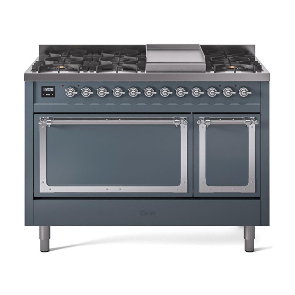 ILVE UN48FQNMPBGCLP Nostalgie II Noblesse 48 inch Dual Fuel Range (8 Sealed Burners + Griddle, Liquid Propane, Solid Door, Blue Grey, Chrome)