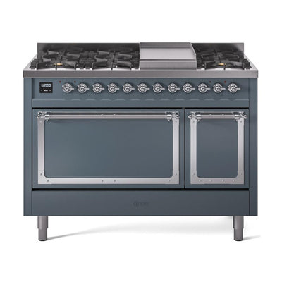 ILVE UN48FQNMPBGCLP Nostalgie II Noblesse 48 inch Dual Fuel Range (8 Sealed Burners + Griddle, Liquid Propane, Solid Door, Blue Grey, Chrome)