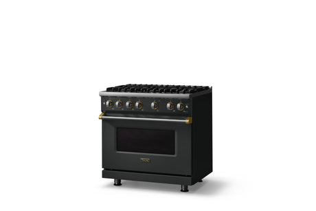 36"W. Sealed Burner Gas Range (Burner: 6b, Finish: Antique Bronze, Trim: Brushed Brass, Fuel: Propane)
