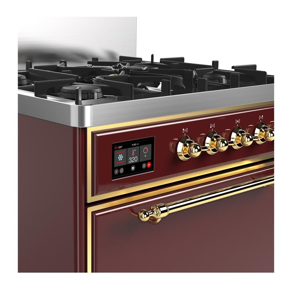ILVE UM30QNR3BUGLP Majestic III 30 inch Dual Fuel Range with 5 Black Brass Burners, Dual Function Burner up to 25,000 BTU (Liquid Propane, Solid Door, Burgundy, Brass)
