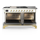 ILVE UM60FSNR3WHGLP Majestic III 60 inch Dual Fuel Range with 7 Burners, Griddle and French Top, Dual Function Burner with up to 25,000 BTU (Liquid Propane, Triple Glass Door, White, Brass)