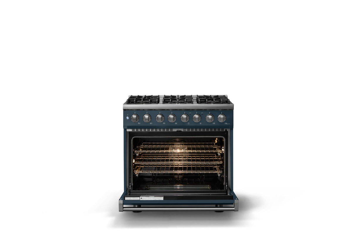 36"W. Dual Fuel Range (Burner: 6b, Finish: Squall, Trim: Polished Chrome, Fuel: Natural Gas)