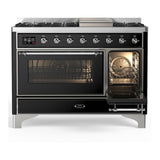 ILVE UM48FNR3BKCLP Majestic III 48 inch Dual Fuel Range with 8 Burners and Griddle, Dual Function Burner up to 25,000 BTU (Liquid Propane, Triple Glass Door, Glossy Black, Chrome)