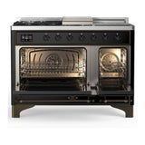 ILVE UM48FSQNR3BKB Majestic III 48 inch Dual Fuel Range with 5 Black Brass Burners, Griddle and French Top, Dual Function Burner up to 25,000 BTU (Natural Gas, Solid Door, Glossy Black, Burnished)