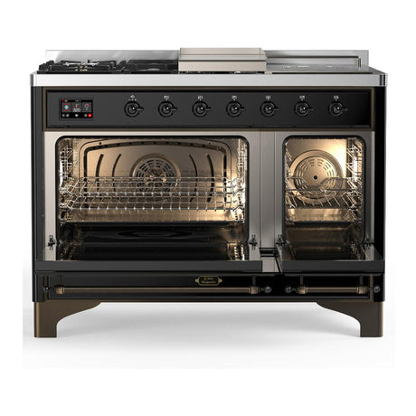 ILVE UM48FSQNR3BKB Majestic III 48 inch Dual Fuel Range with 5 Black Brass Burners, Griddle and French Top, Dual Function Burner up to 25,000 BTU (Natural Gas, Solid Door, Glossy Black, Burnished)